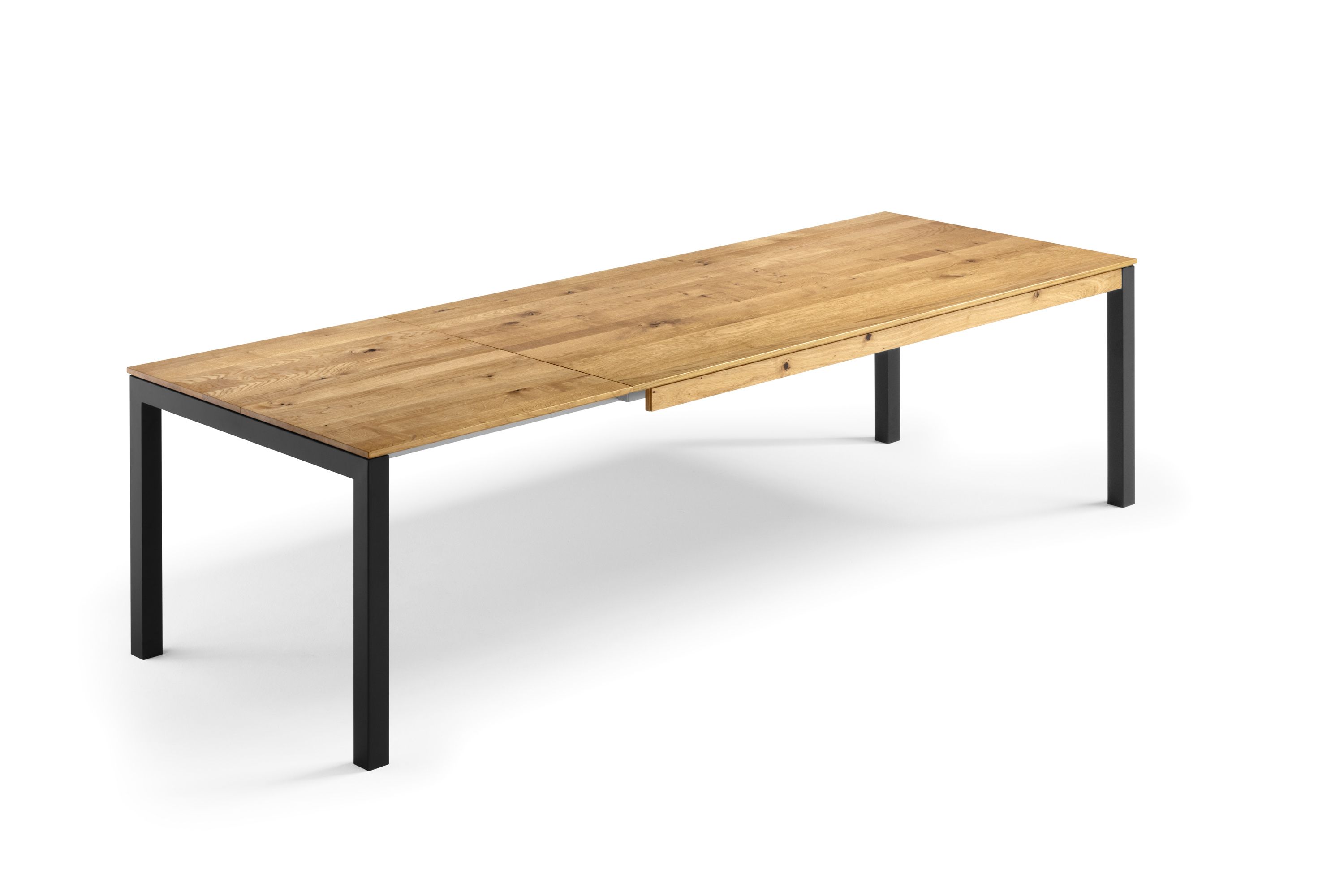 Holztisch ausziehbar mit schwarzen Metallbeinen und Asteiche / Wildeiche Tischplatte - Esstisch Gardo Metall