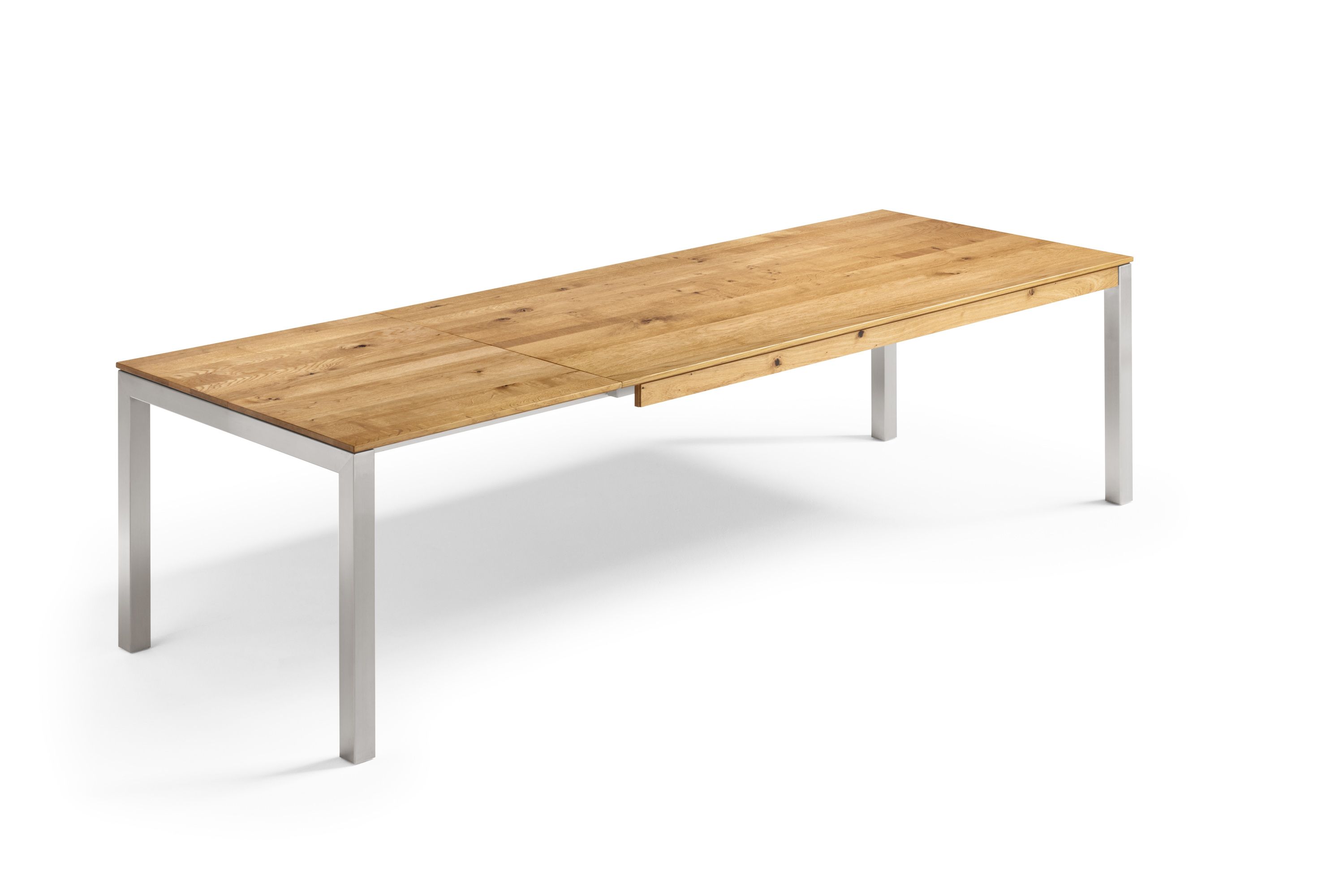 Holztisch ausziehbar mit Edelstahltischbeinen in Asteiche / Wildeiche - Esstisch Gardo Metall