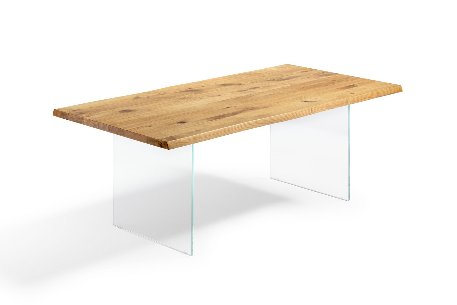 Esstisch mit Glasbeinen und massiver Asteiche / Wildeiche Tischplatte mit Baumkante - Esstisch Hadir