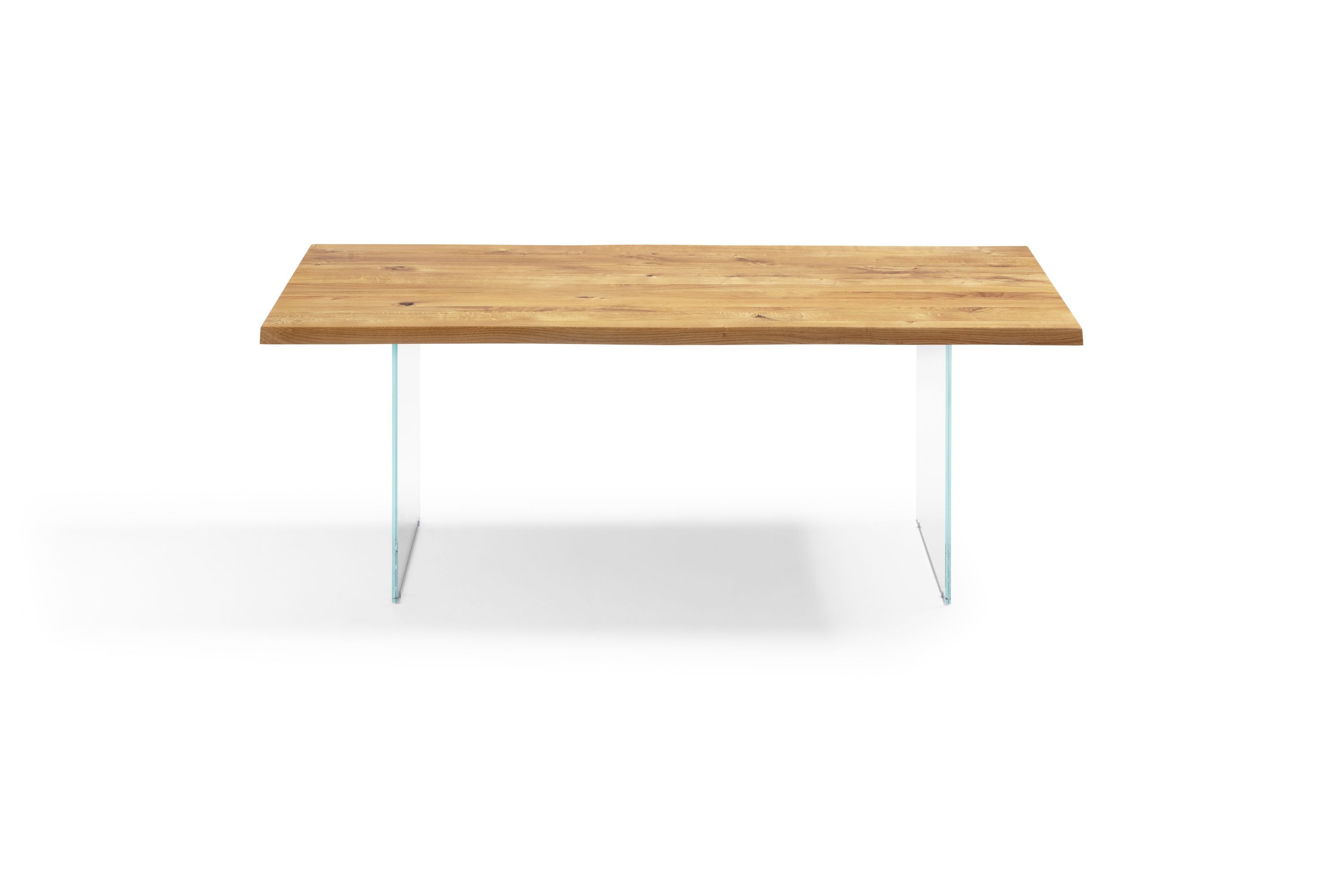 Esszimmertisch mit Glaswangen und Asteiche / Wildeiche Massivholztischplatte mit Baumkante - Esstisch Hadir